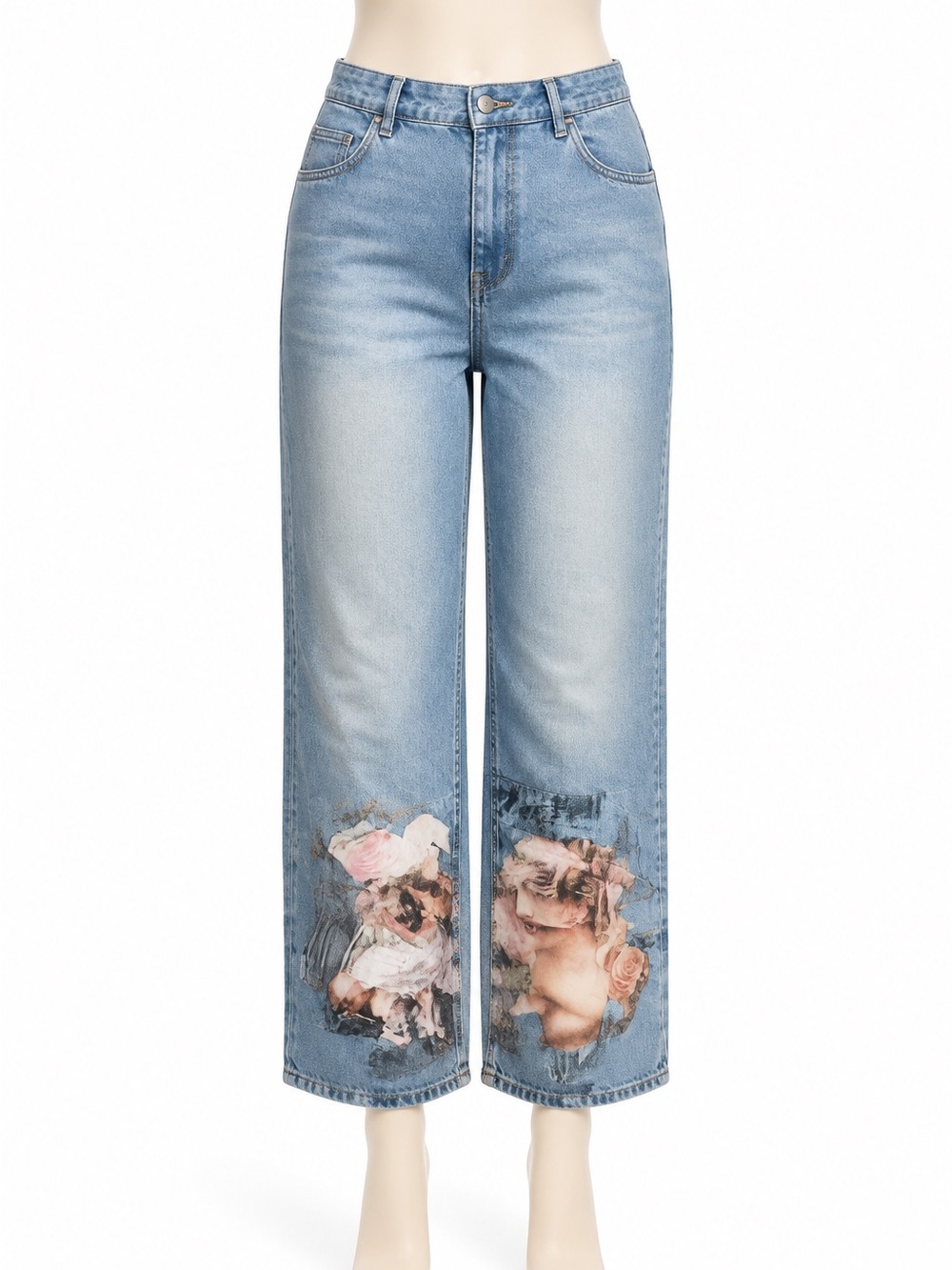 SHEIN Light Blue Wide-Leg Cropped Jeans with Floral Art